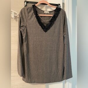 Blumin Apparel Charcoal Long Sleeve Top with Black Lace Trim